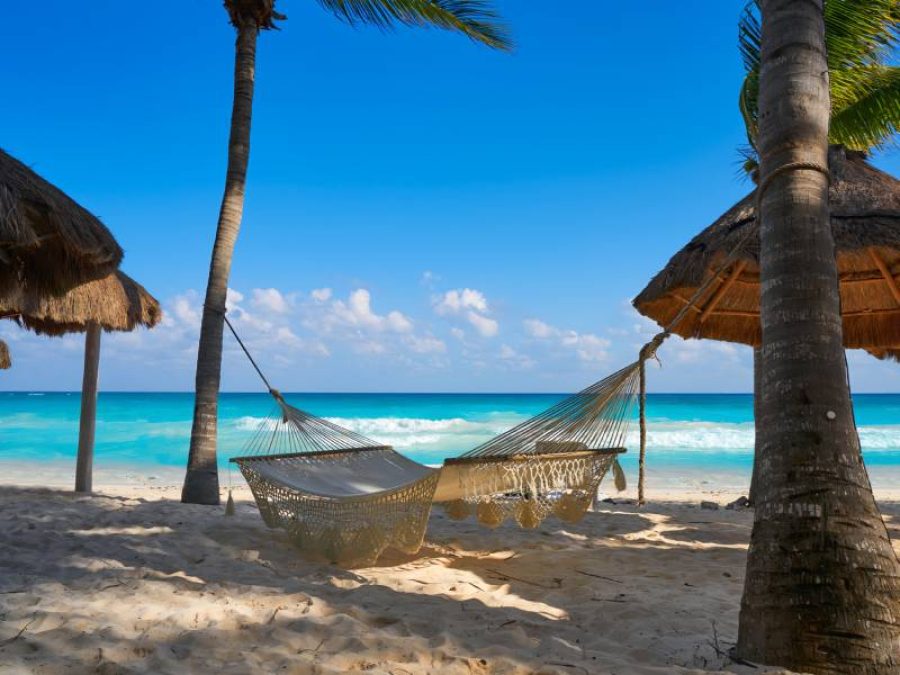 Playa del Carmen beach hammocks in Riviera Maya Caribbean at Mayan Mexico